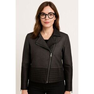 Anthropology People Like Frank Gray Black stripe Moto  Jacket 12 LARGE